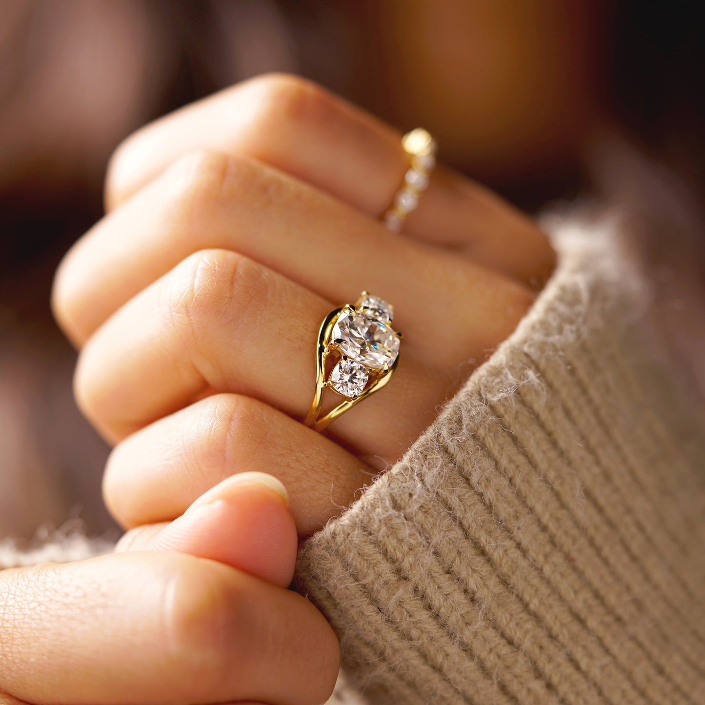 Elongated Cushion Cut Three Stone Lab-Grown Diamond Engagement Ring
