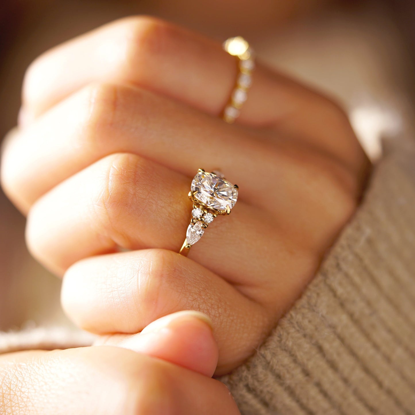 Elongated Cushion Cut Cluster Lab-Grown Diamond Engagement Ring
