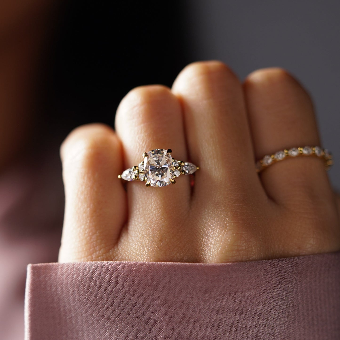 Elongated Cushion Cut Cluster Lab-Grown Diamond Engagement Ring