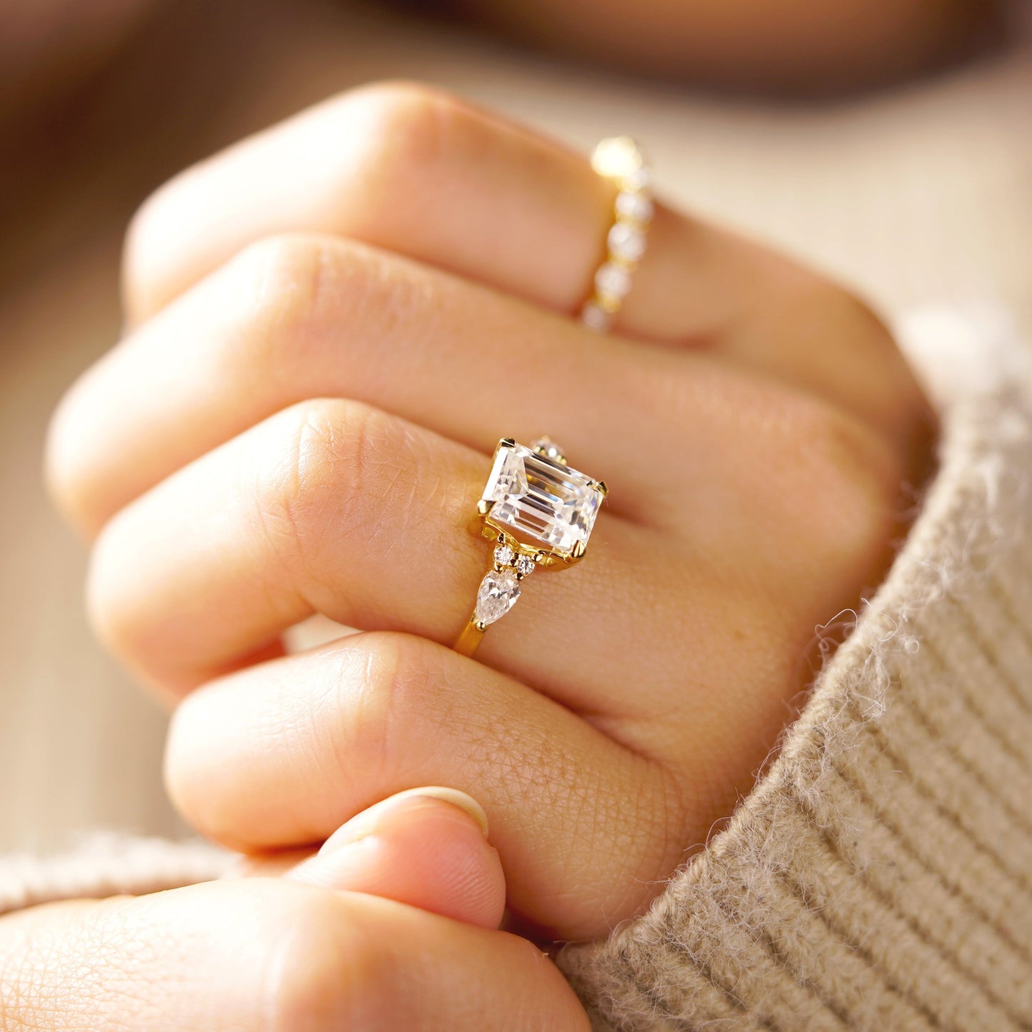 Emerald Cut Cluster Lab-Grown Diamond Engagement Ring