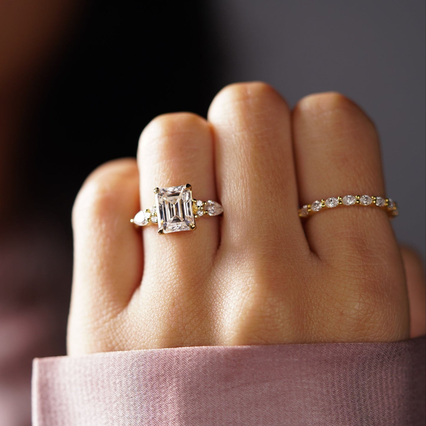 Emerald Cut Cluster Lab-Grown Diamond Engagement Ring