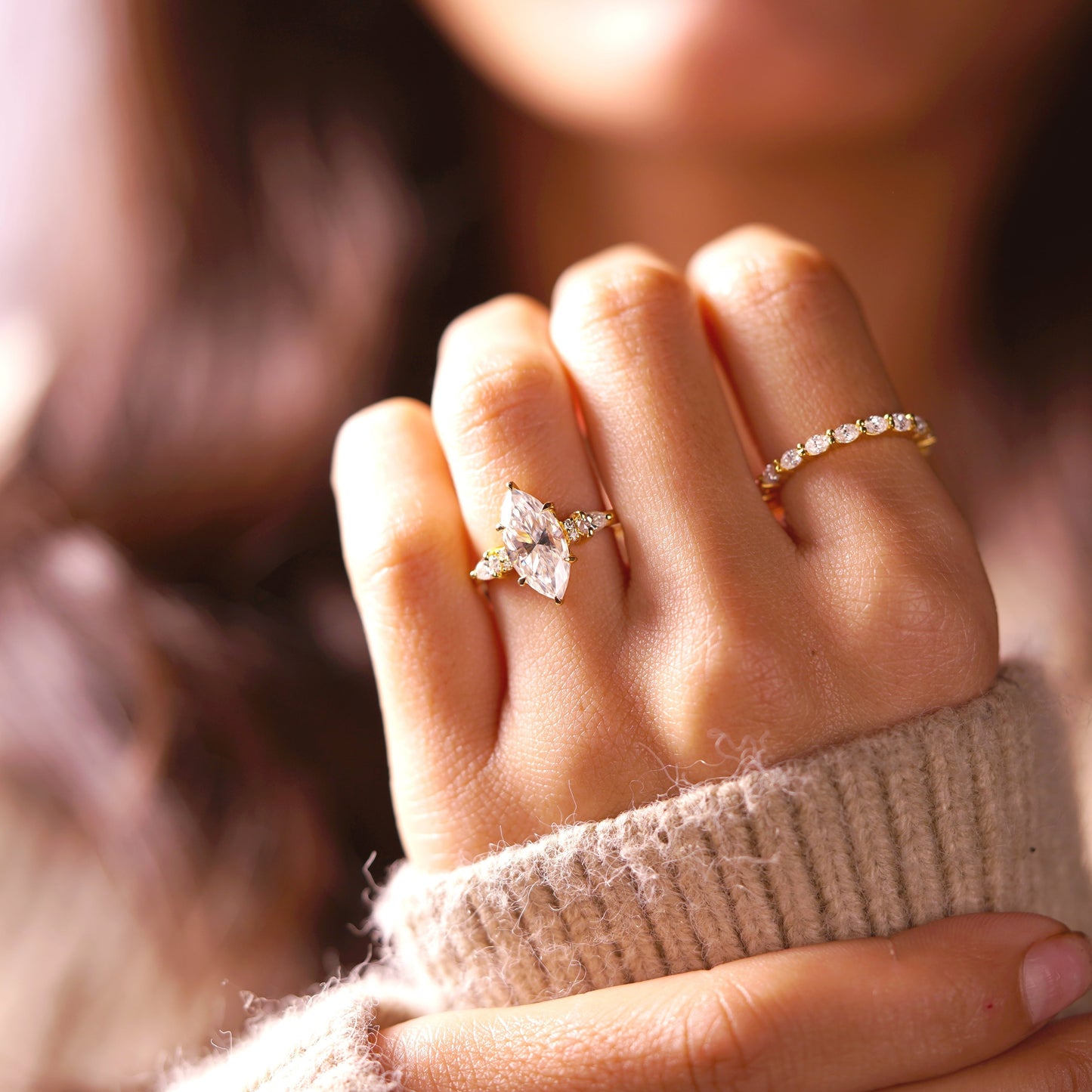 Marquise Cut Cluster Lab-Grown Diamond Engagement Ring