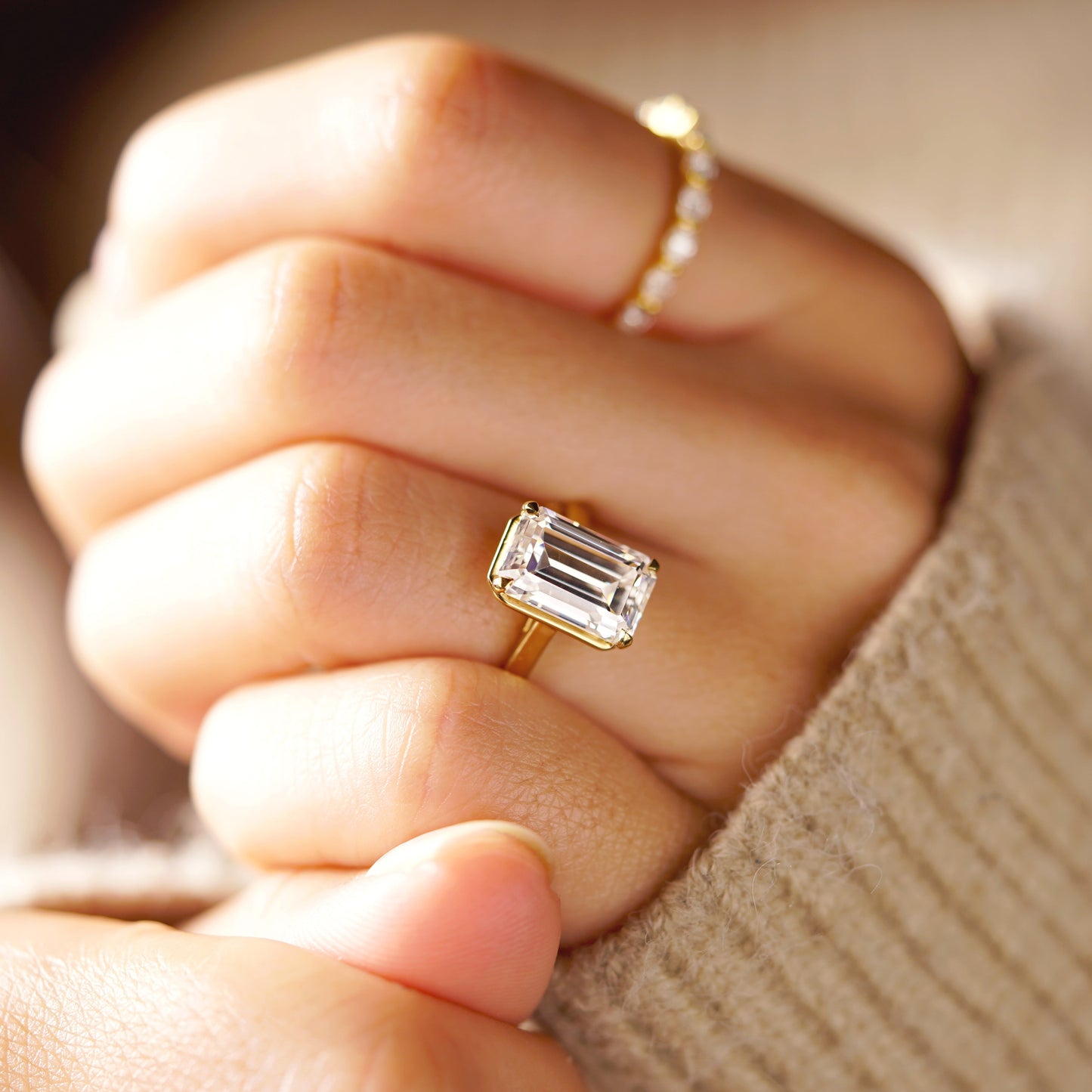 Emerald Cut Solitaire Cathedral Lab-Grown Diamond Engagement Ring
