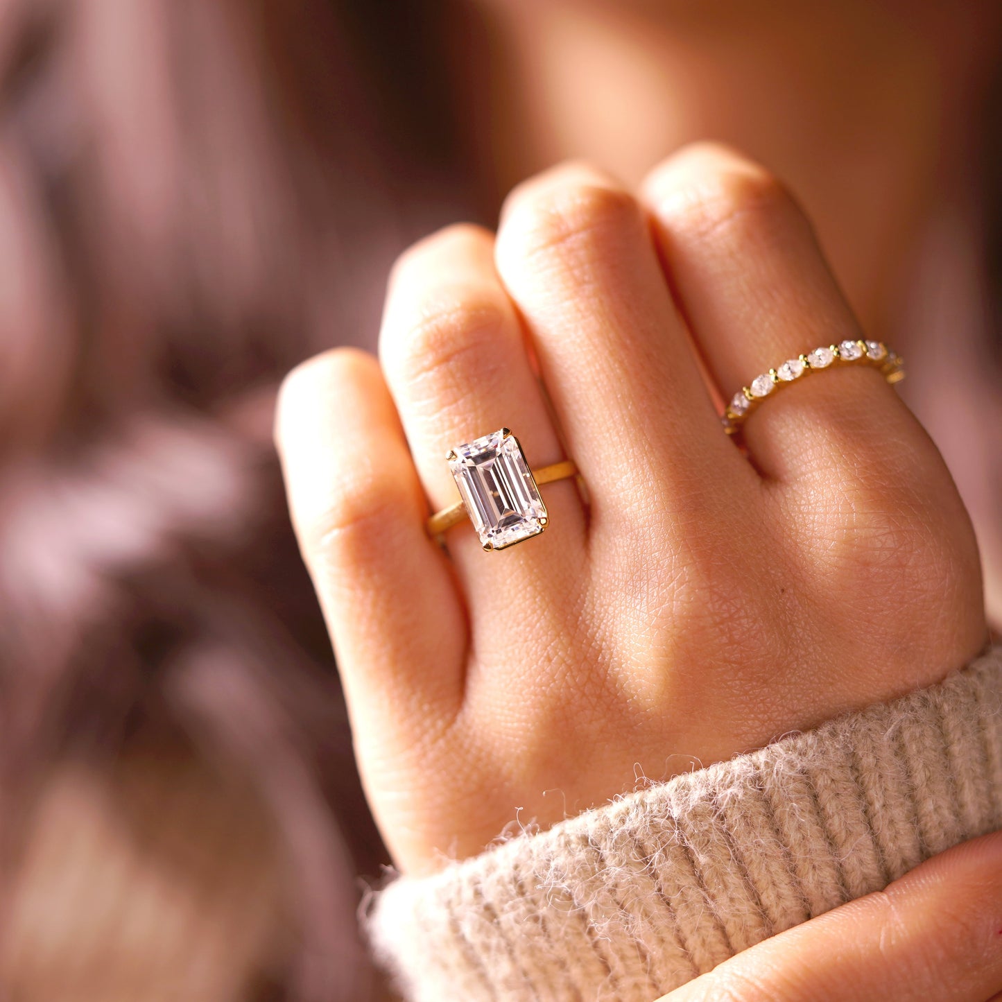 Emerald Cut Solitaire Cathedral Lab-Grown Diamond Engagement Ring