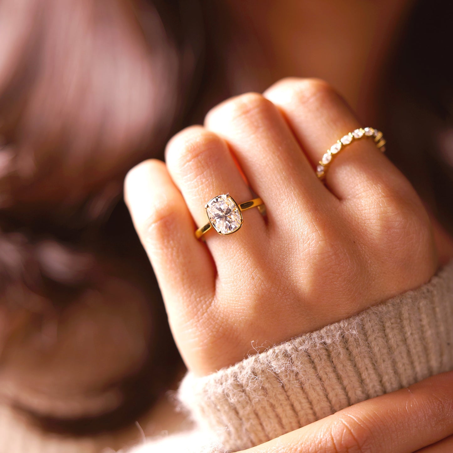 Elongated Cushion Cut Solitaire Cathedral Lab-Grown Diamond Engagement Ring