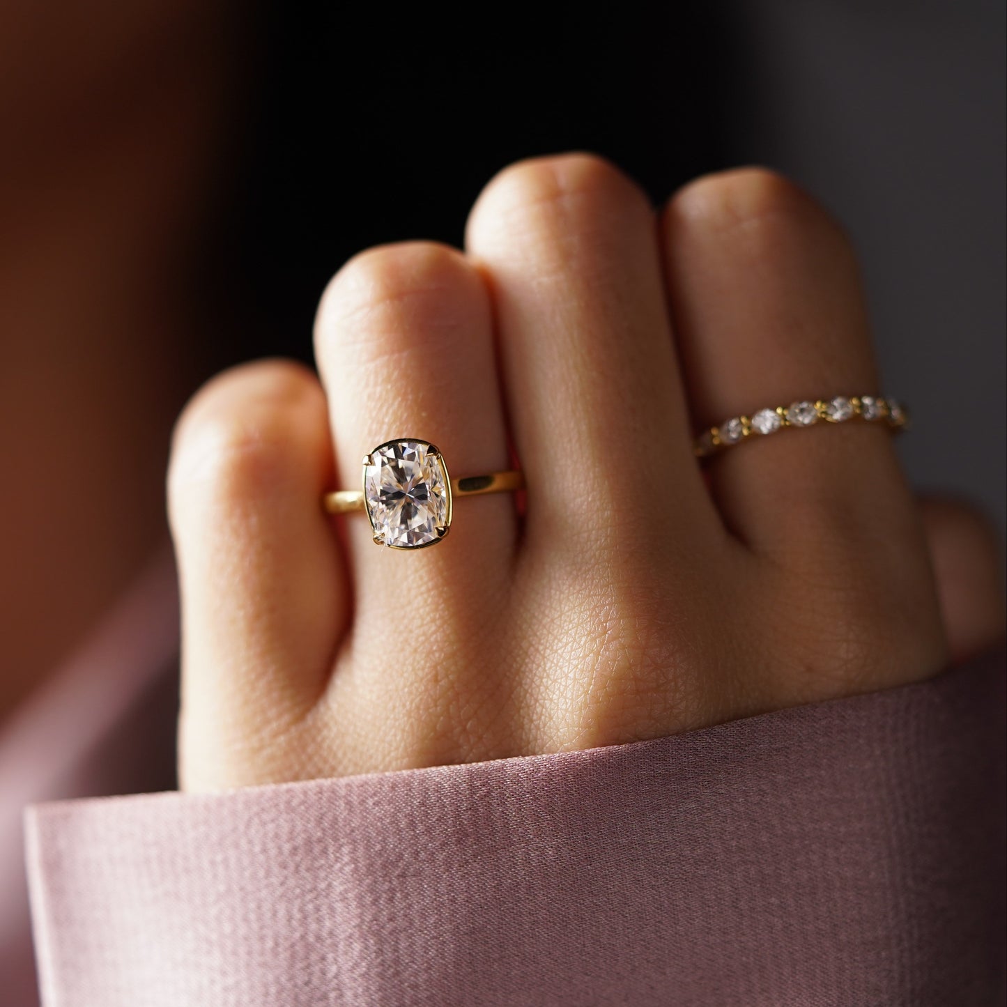 Elongated Cushion Cut Solitaire Cathedral Lab-Grown Diamond Engagement Ring