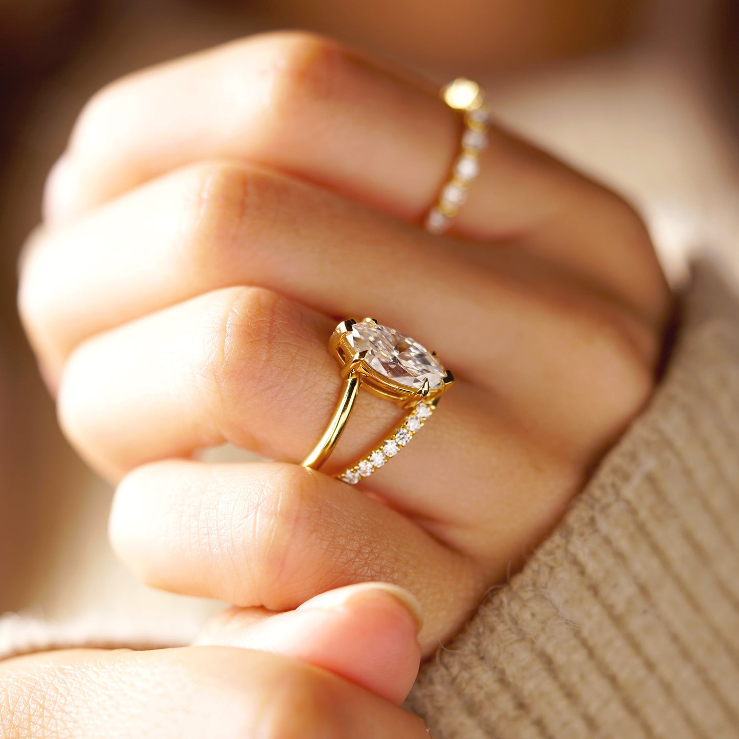 Marquise Cut Pave Double Band Lab-Grown Diamond Engagement Ring