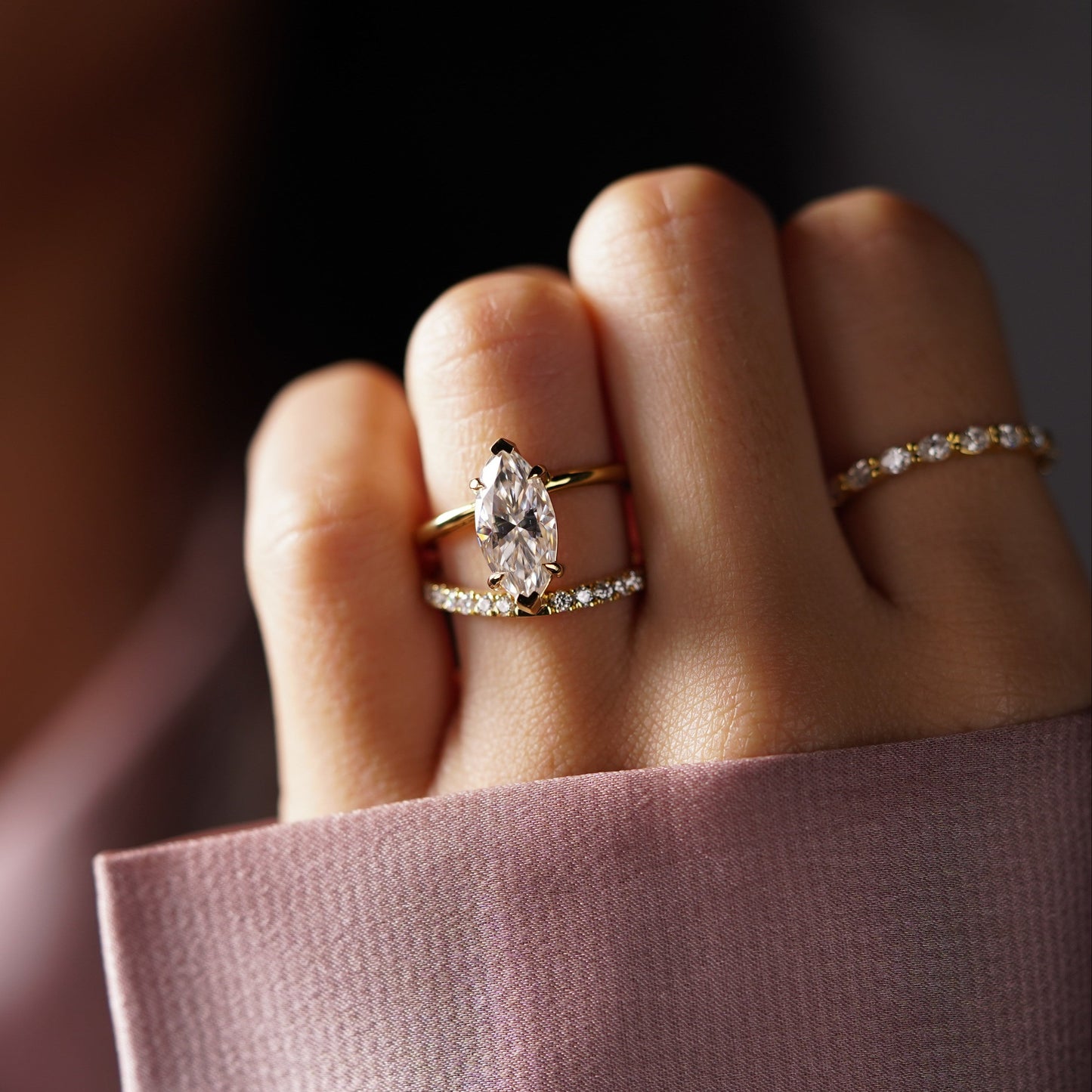 Marquise Cut Pave Double Band Lab-Grown Diamond Engagement Ring