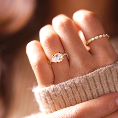 East West Pear Cut Half Pave Lab-Grown Diamond Engagement Ring