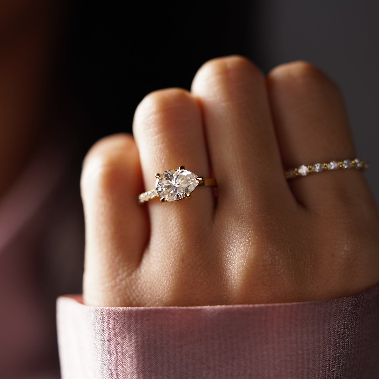 East West Pear Cut Half Pave Lab-Grown Diamond Engagement Ring