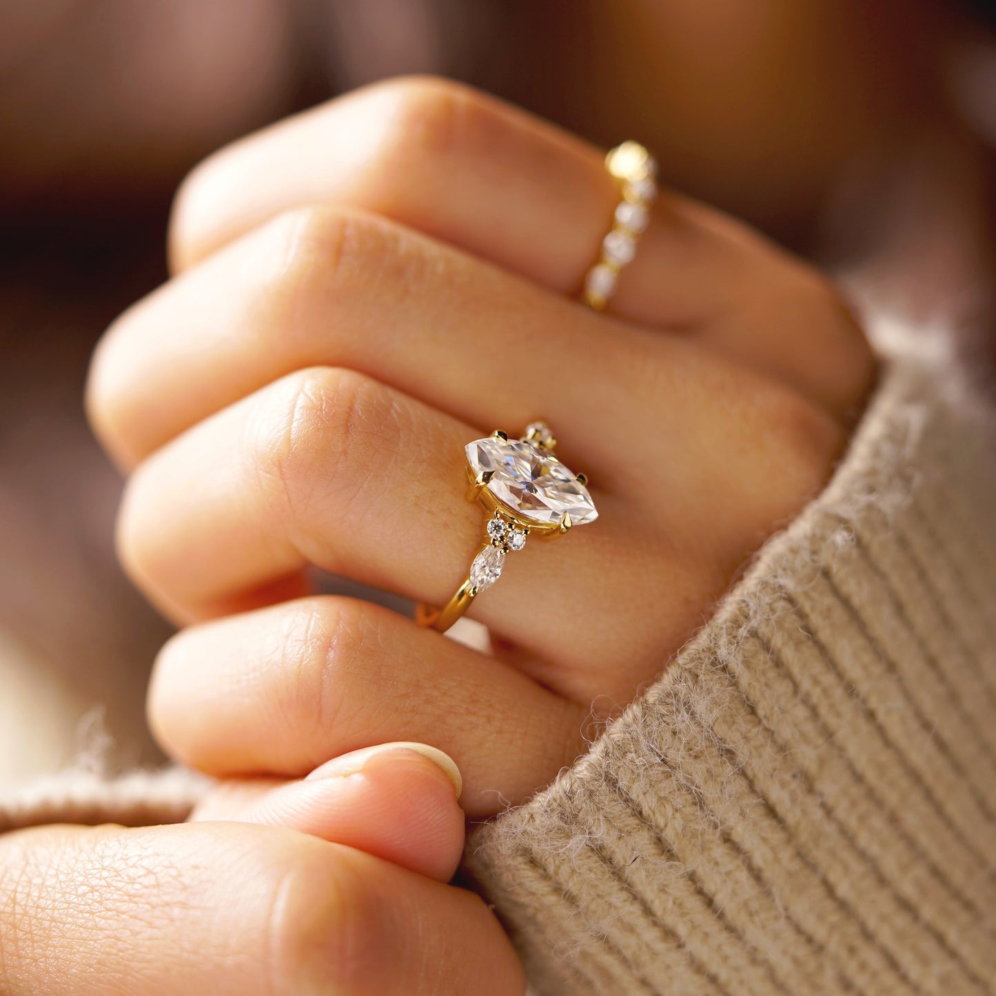 Marquise Cut Cluster Lab-Grown Diamond Engagement Ring
