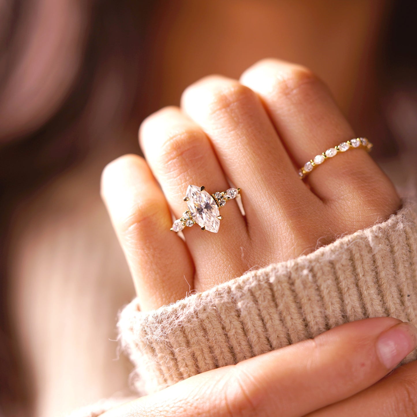 Marquise Cut Cluster Lab-Grown Diamond Engagement Ring
