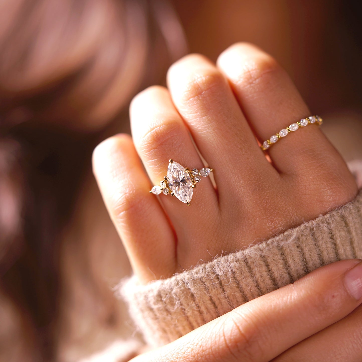 Marquise Cut Cluster Lab-Grown Diamond Engagement Ring
