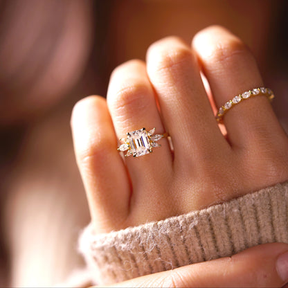 Emerald Cut Cluster Lab-Grown Diamond Engagement Ring