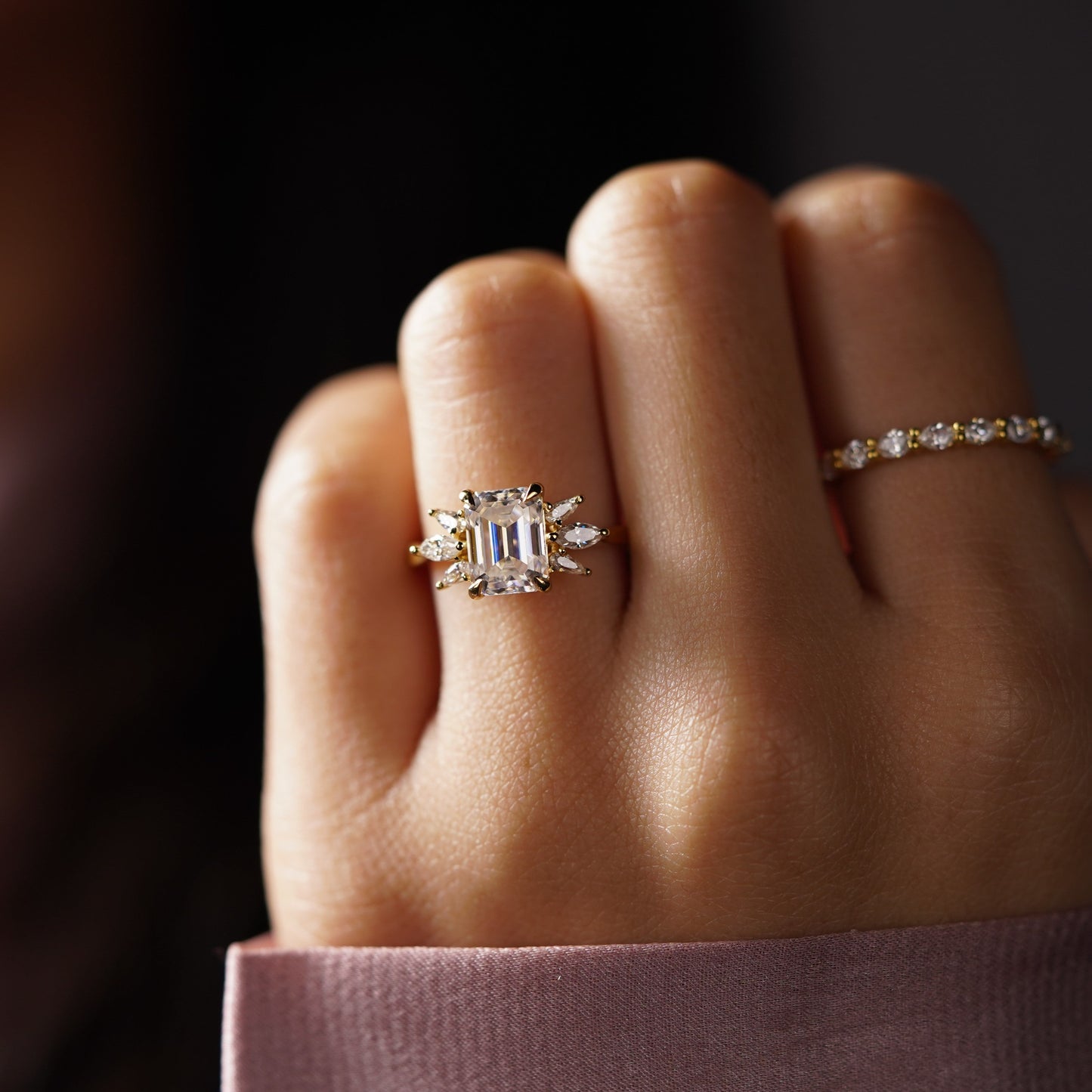 Emerald Cut Cluster Lab-Grown Diamond Engagement Ring