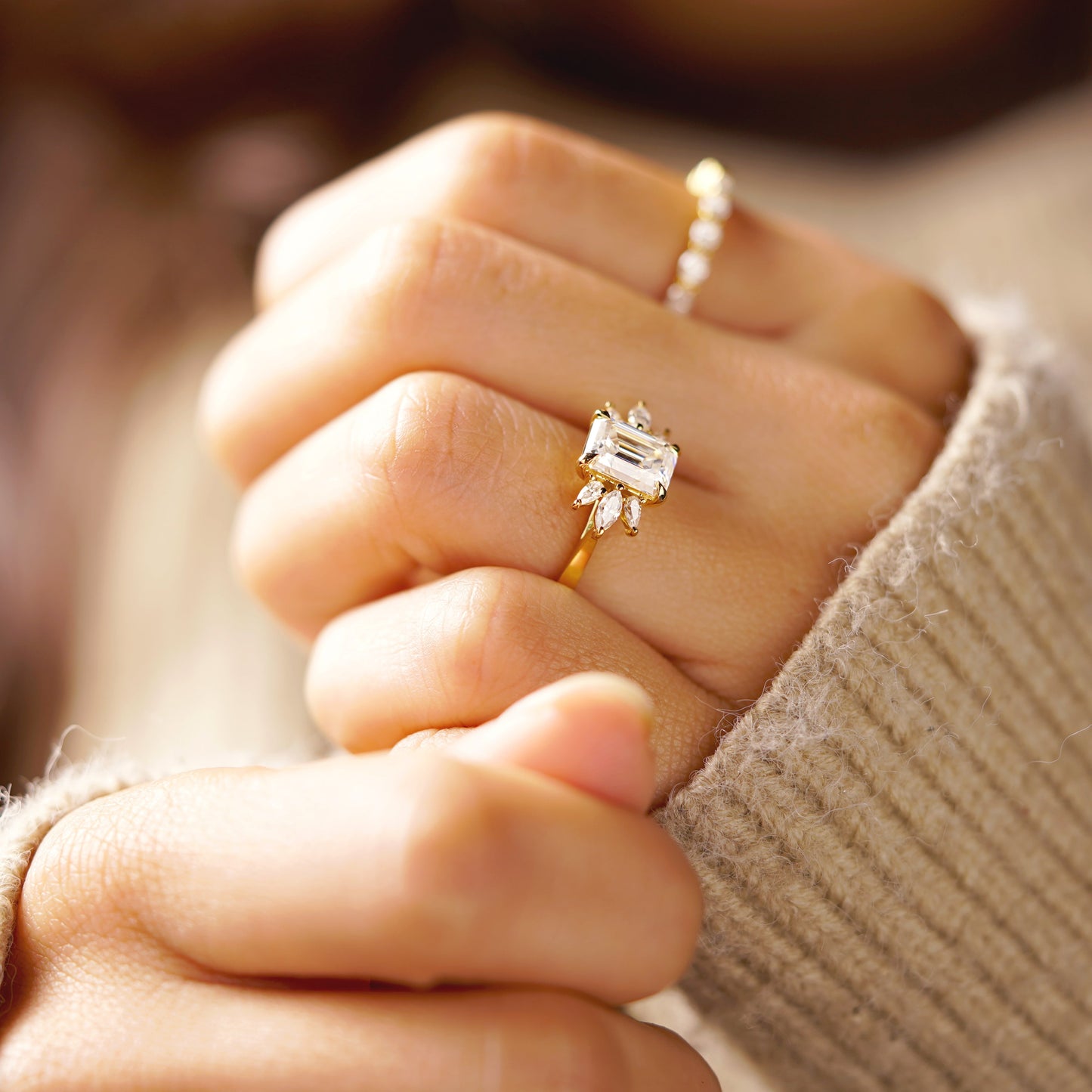 Emerald Cut Cluster Lab-Grown Diamond Engagement Ring