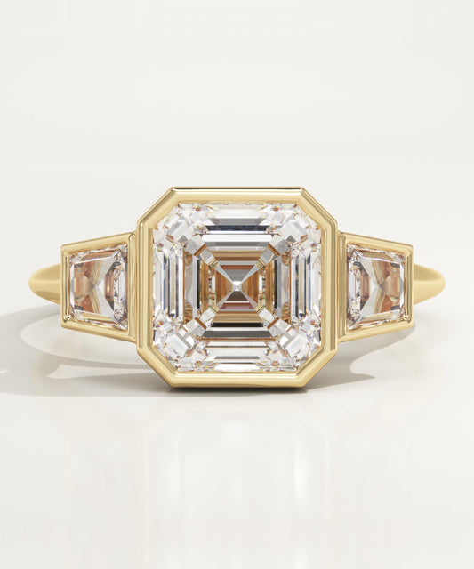 Asscher Cut Three Stone Bezel Lab-Grown Diamond Engagement Ring