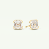 1 TCW Asscher Cut Moissanite Half Bezel Stud Earrings in Gold