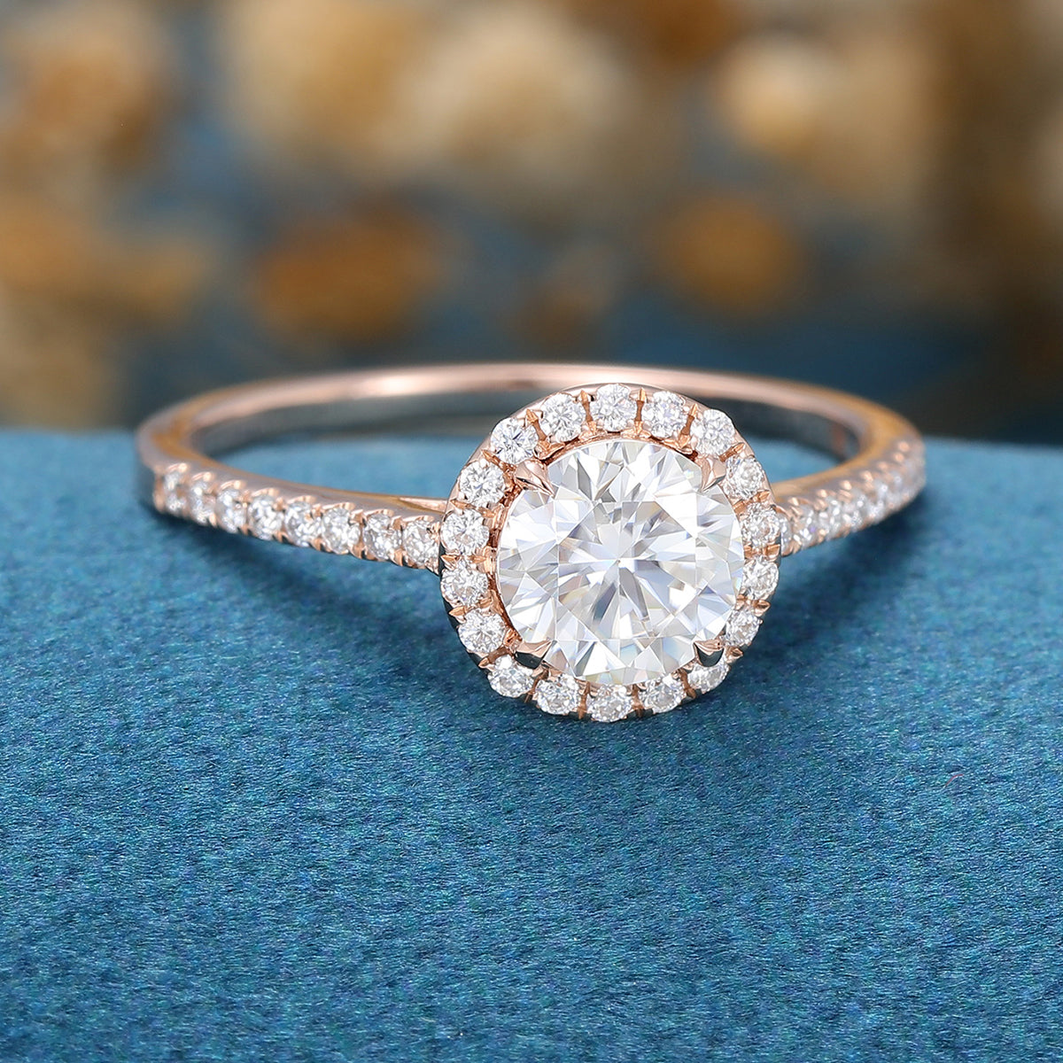 0.68 CT Round Shaped Moissanite Halo Pave Engagement Ring