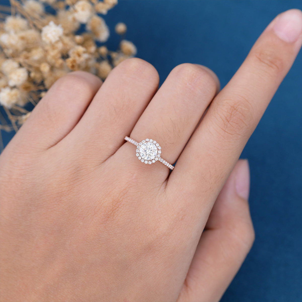 0.68 CT Round Shaped Moissanite Halo Pave Engagement Ring