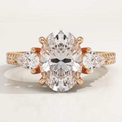 Oval Cut Three Stone & Pave Lab-Grown Diamond Engagement Ring