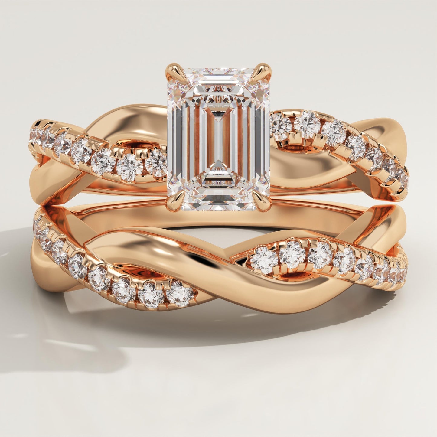 Emerald Cut Twisted Pave Lab-Grown Diamond Bridal Set
