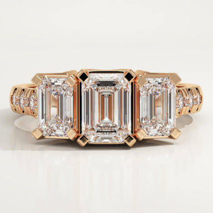 Emerald Cut Three Stone Pave Lab-Grown Diamond Engagement Ring