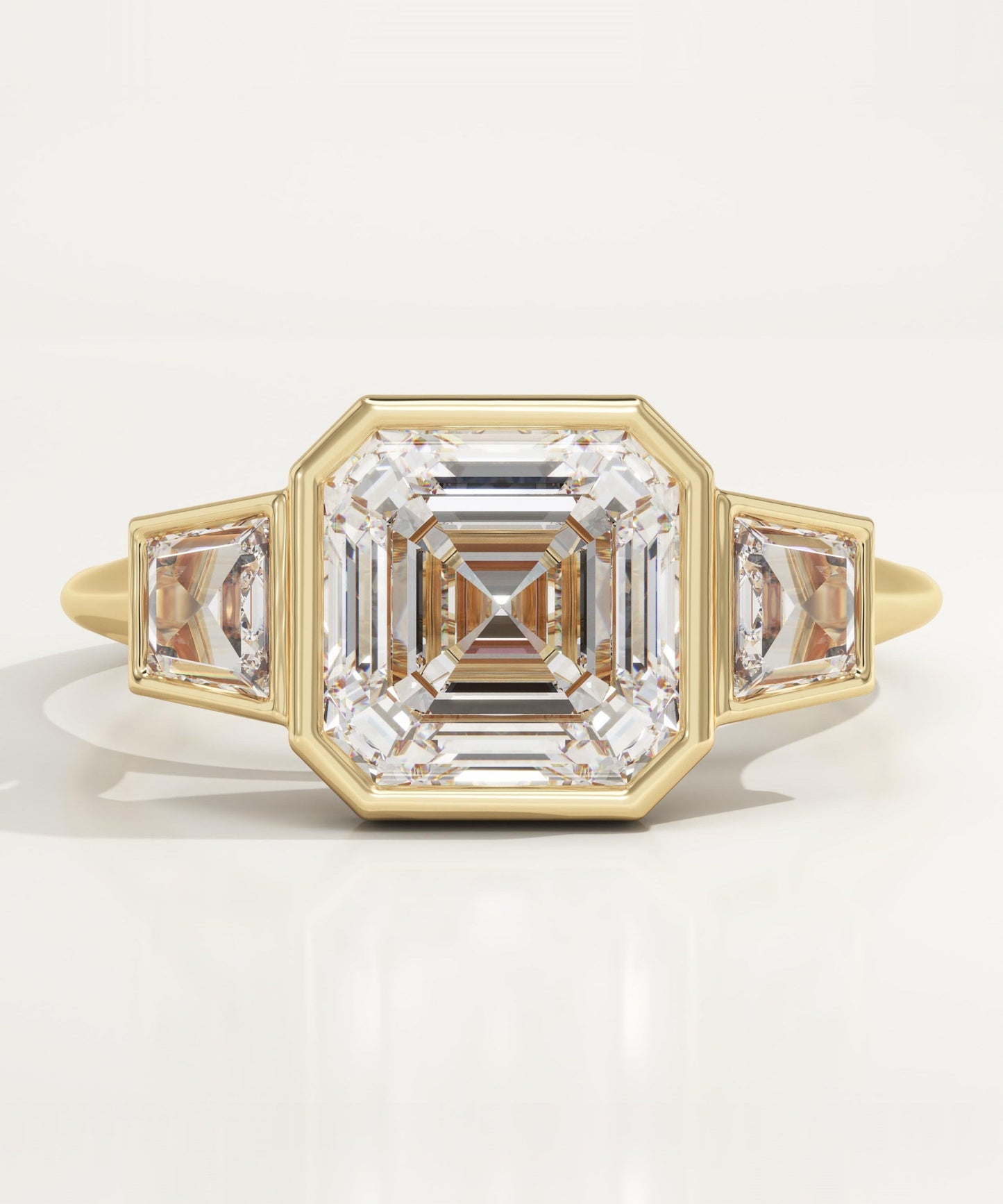 1.75 CT Asscher Cut Three Stone Bezel Moissanite Engagement Ring
