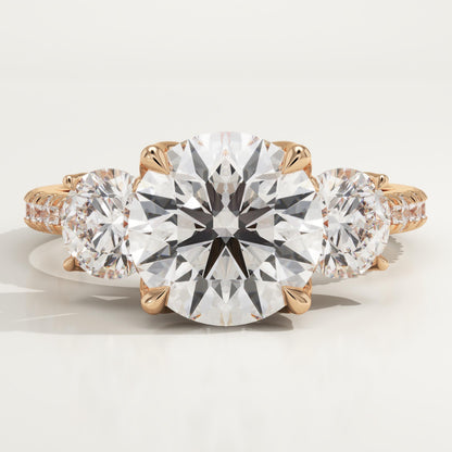 Round Cut Three Stone & Pave Lab-Grown Diamond Engagement Ring