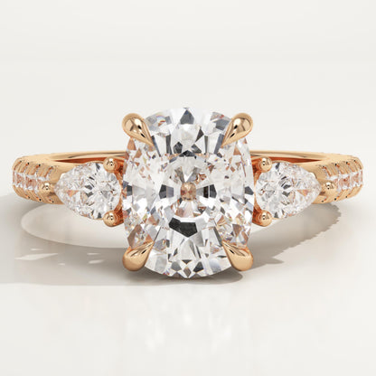Elongated Cushion Cut Three Stone & Pave Lab-Grown Diamond Engagement Ring