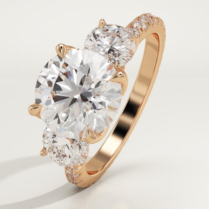 Round Cut Three Stone & Pave Lab-Grown Diamond Engagement Ring