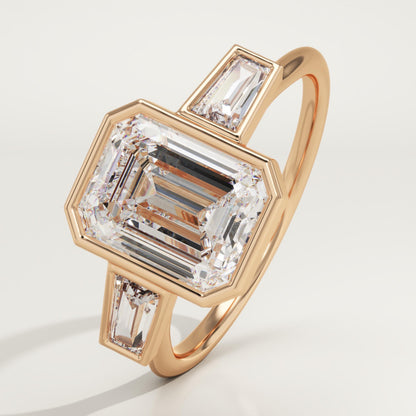 2 CT Emerald Cut Three Stone Bezel Moissanite Engagement Ring