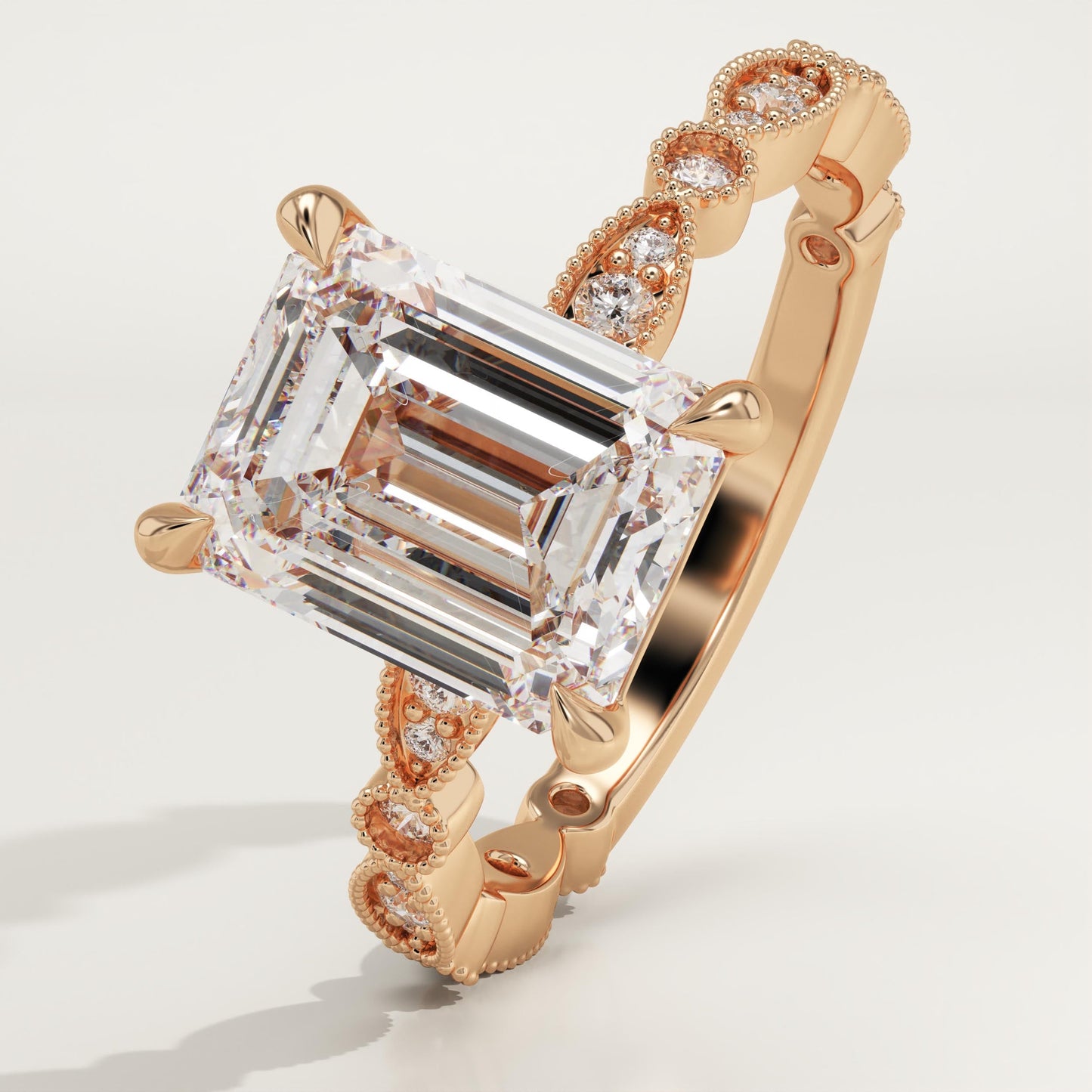 Emerald Cut Milgrain Pave Lab-Grown Diamond Engagement Ring