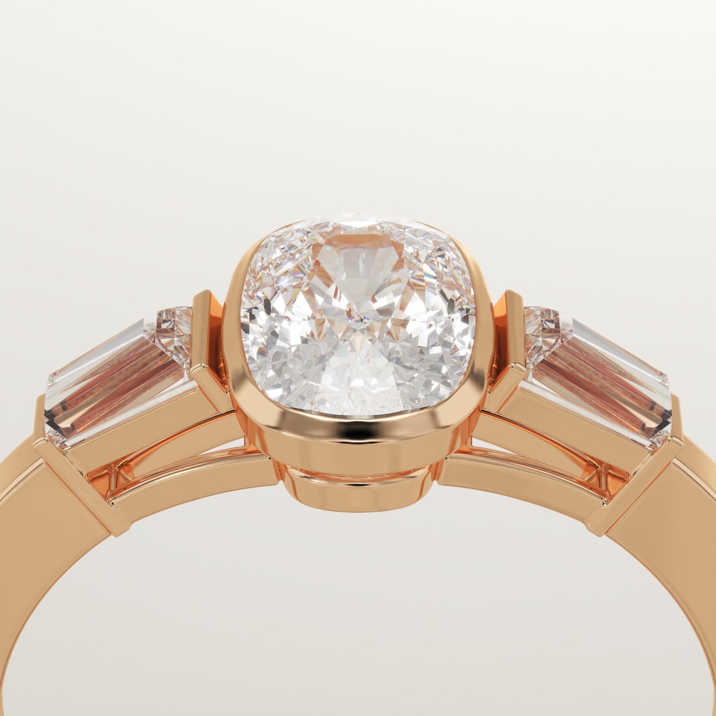 Elongated Cushion Cut Three Stone Half Bezel Lab-Grown Diamond Engagement Ring