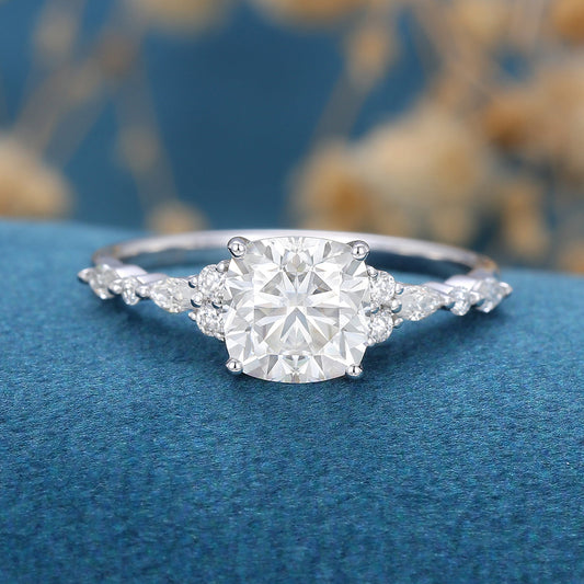 1.21 CT Cushion Shaped Moissanite Cluster Engagement Ring