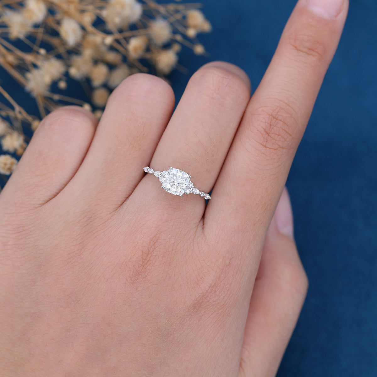 1.21 CT Cushion Shaped Moissanite Cluster Engagement Ring