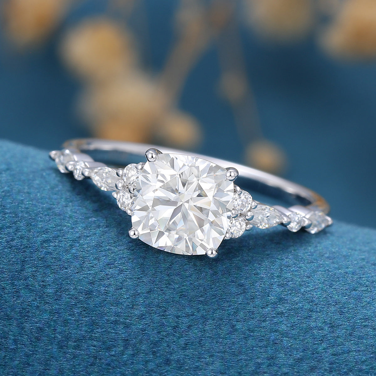 1.21 CT Cushion Shaped Moissanite Cluster Engagement Ring