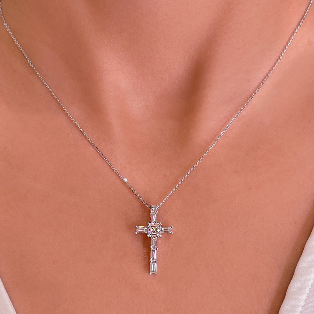 1.1 TCW Princess & Baguette Lab-Grown Diamond Cross Necklace 2