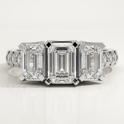 Emerald Cut Three Stone Pave Lab-Grown Diamond Engagement Ring
