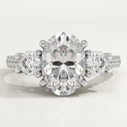 Oval Cut Three Stone & Pave Lab-Grown Diamond Engagement Ring