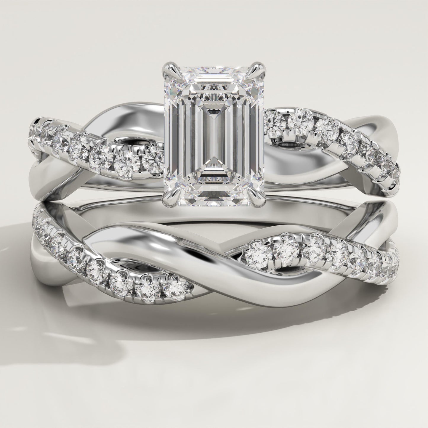 Emerald Cut Twisted Pave Lab-Grown Diamond Bridal Set
