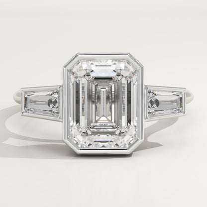 2 CT Emerald Cut Three Stone Bezel Moissanite Engagement Ring