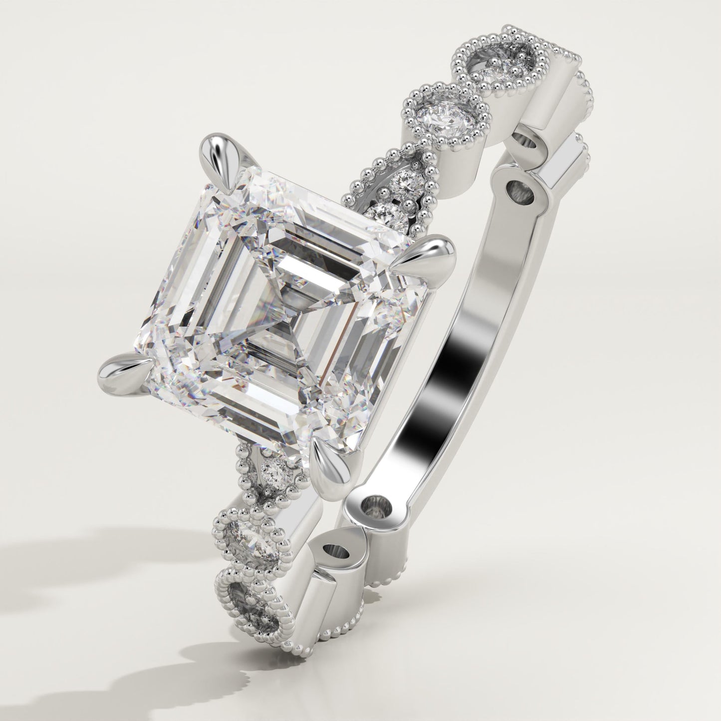 Asscher Cut Milgrain Pave Lab-Grown Diamond Engagement Ring