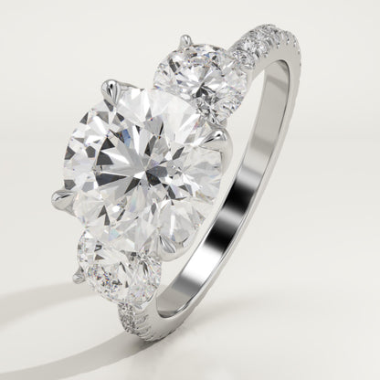 Round Cut Three Stone & Pave Lab-Grown Diamond Engagement Ring