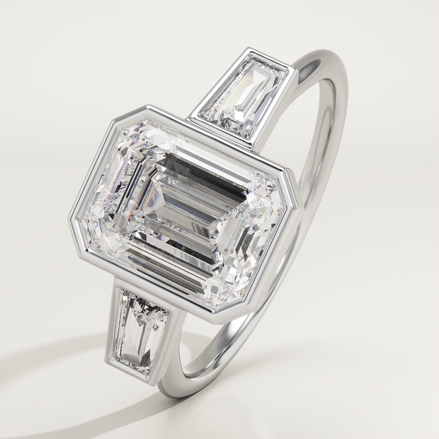 2 CT Emerald Cut Three Stone Bezel Moissanite Engagement Ring