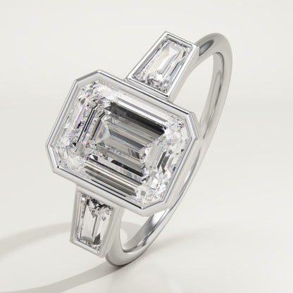 2 CT Emerald Cut Three Stone Bezel Moissanite Engagement Ring