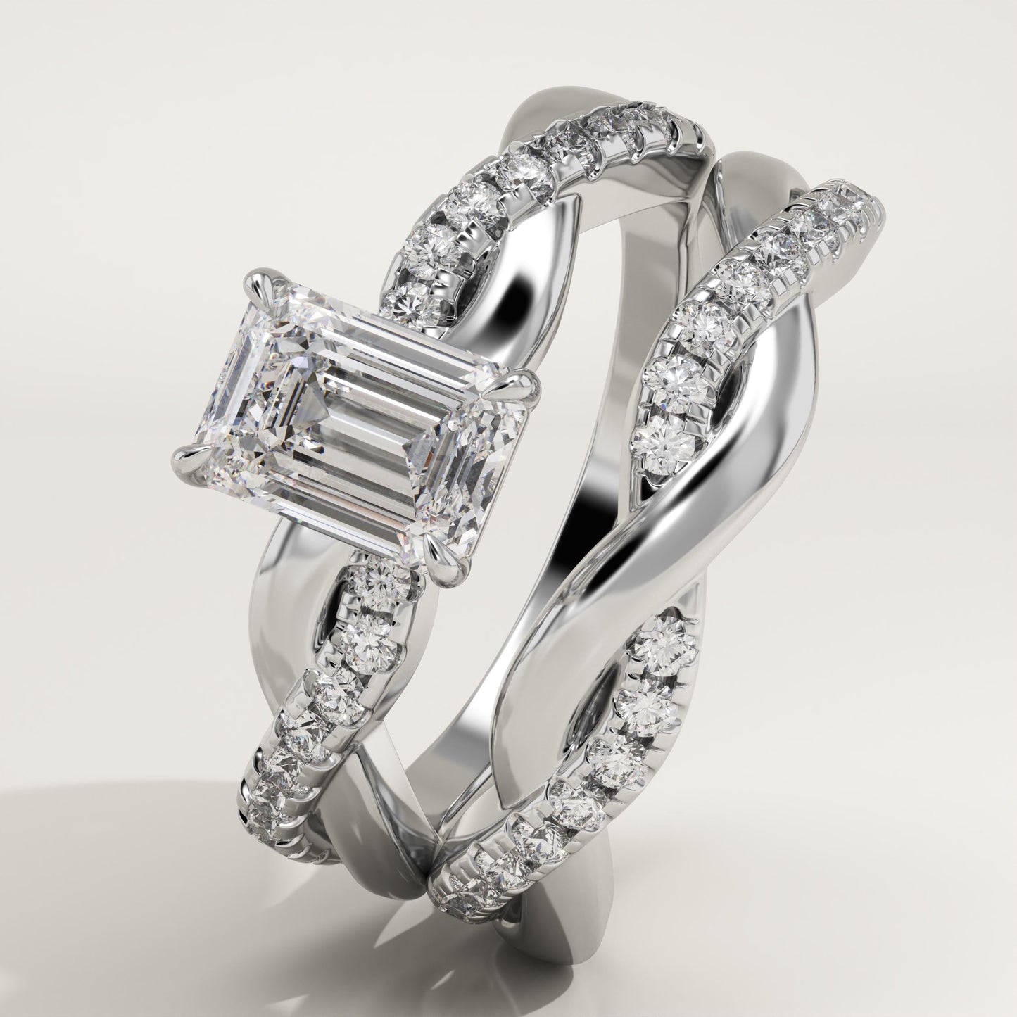 Emerald Cut Twisted Pave Lab-Grown Diamond Bridal Set