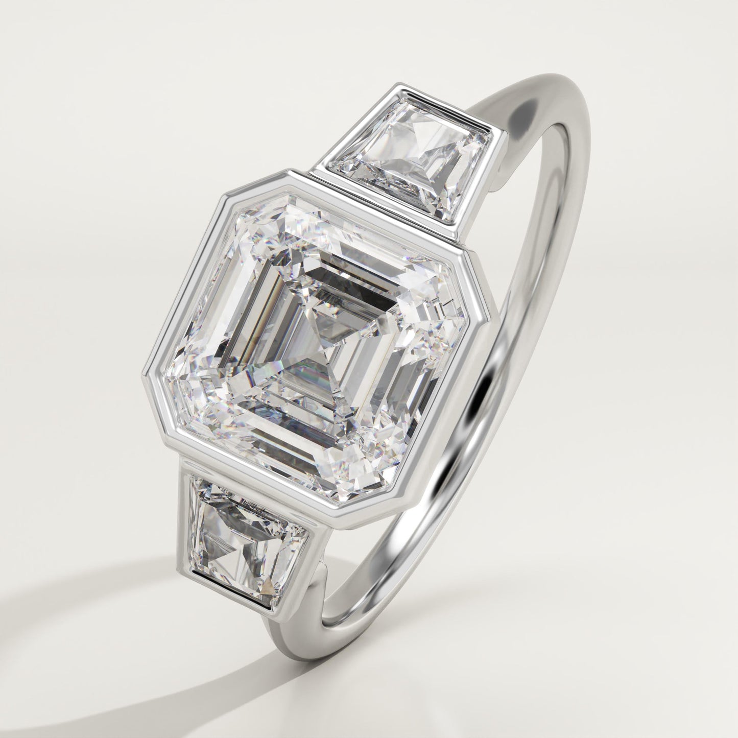 Asscher Cut Three Stone Bezel Lab-Grown Diamond Engagement Ring