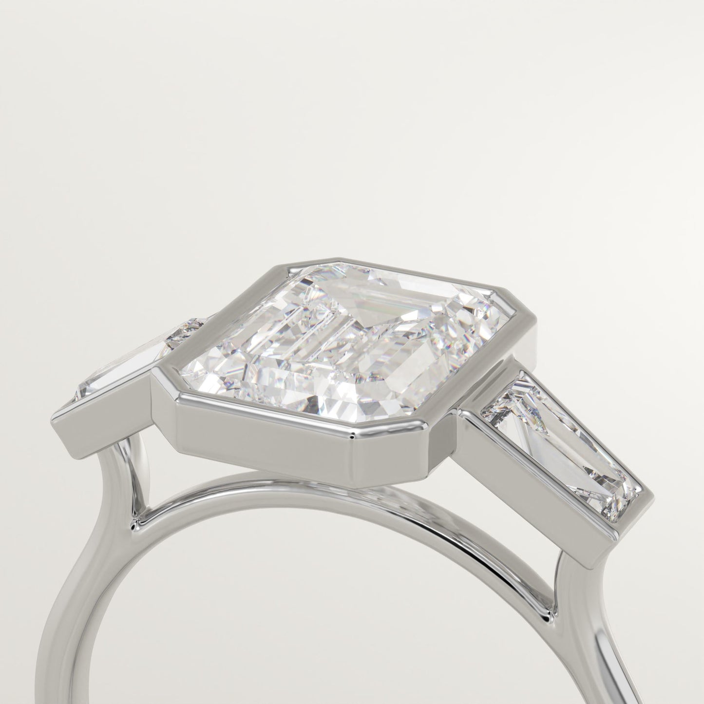 2 CT Emerald Cut Three Stone Bezel Moissanite Engagement Ring
