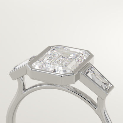 2 CT Emerald Cut Three Stone Bezel Moissanite Engagement Ring